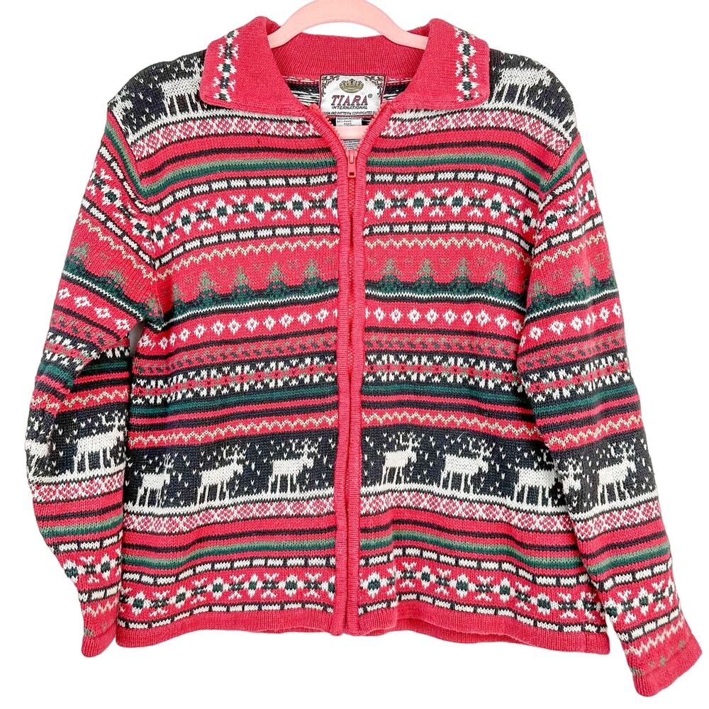 Tiara International Vintage Christmas Sweater Cardigan Fair Aisle Full Zip